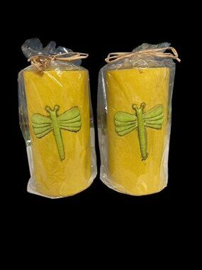 Set of 2 Dragonfly Pillar Candles Yellow Decorative Unscented Wrapped 5" Rustic